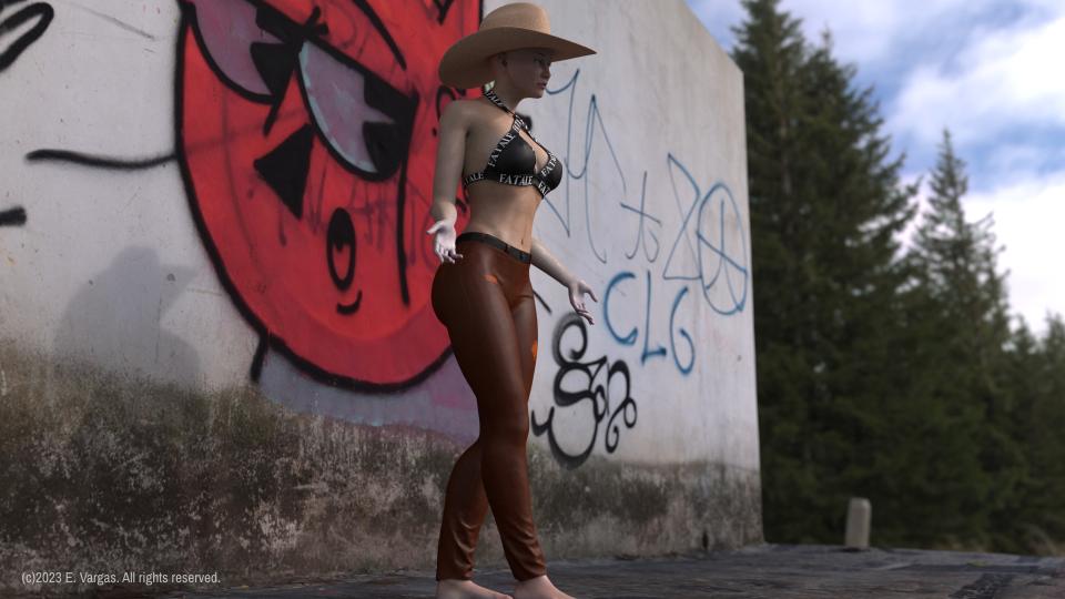 redneck girl near a street wall, wearing pants and top bikini, cowboy hat