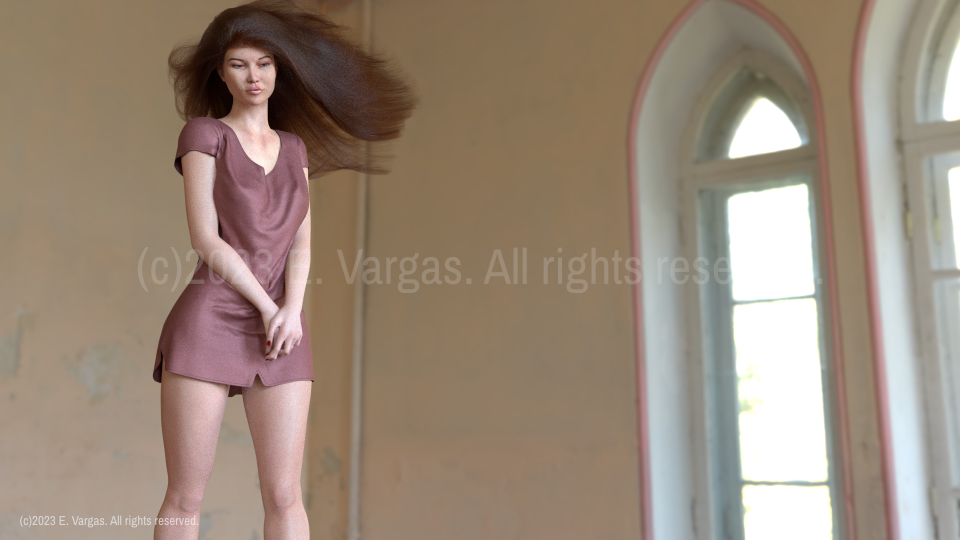 woman with long hair wearing dress, standing on elevated base, sunlight coming from a big window, indoors