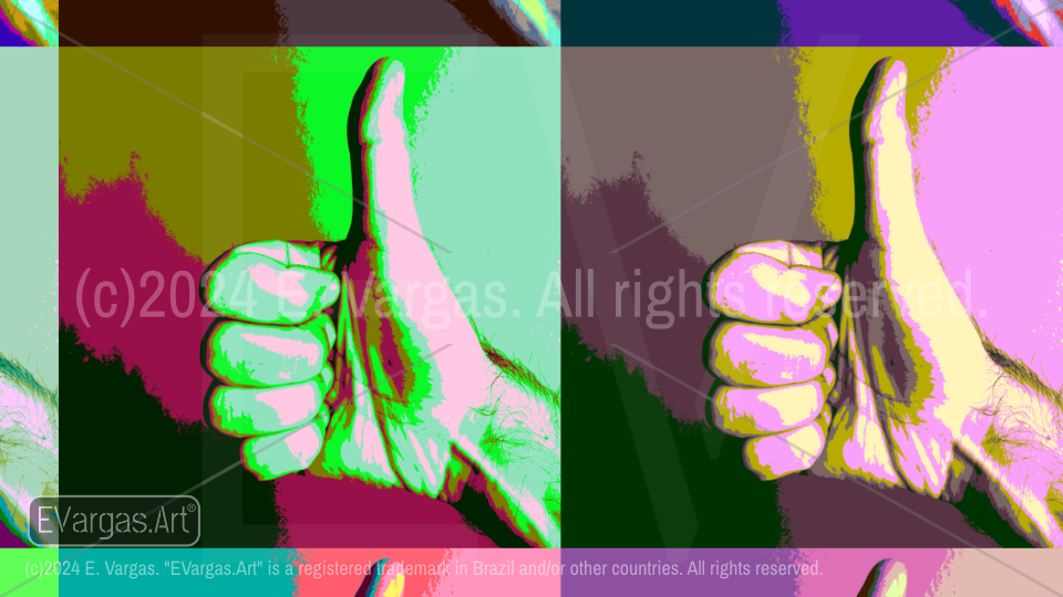 3x3 grid of photos of a hand posing, thumbs up sign, effect/filter applied