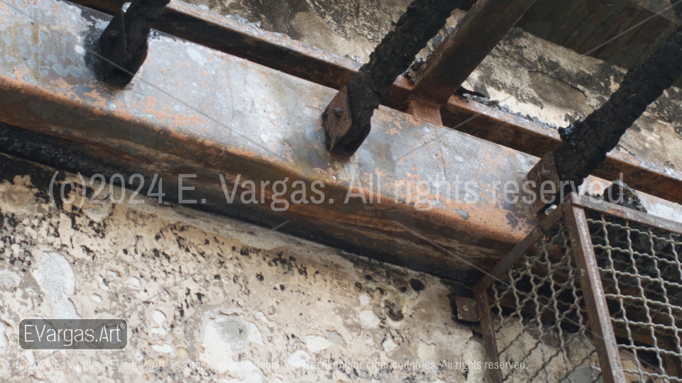 burnt store facade seen from below, street, urban, daylight, sunlight, outdoors