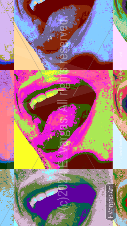 3x3 mosaic of mouth open, tongue out, in the style of Andy Warhol, pop art, colorful