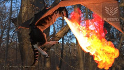 dragon flying in the forest at night, spitting fire