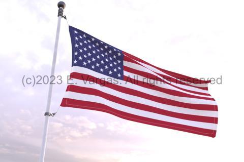 US national flag waving on a white flagpole, against a clean sky