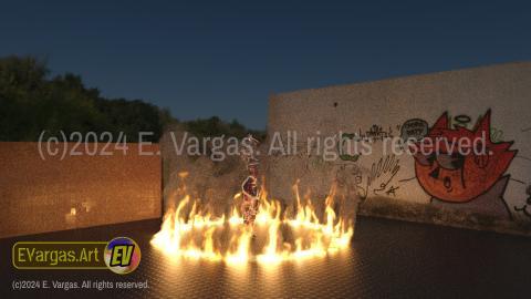 a ring shaped fire burning on the floor, a broken statue standing in the middle, street walls in the background, night, outdoors