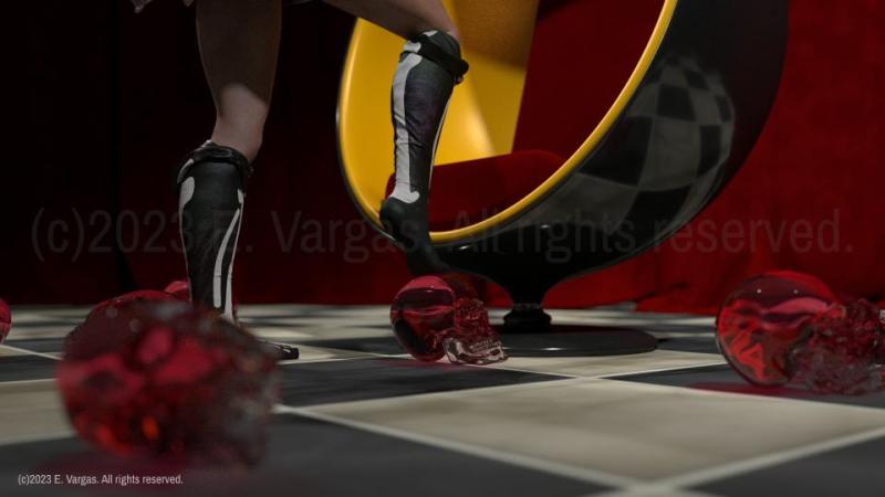 girl standing, wearing halloween socks, stepping on a glass skull