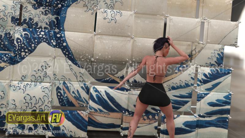 woman standing, with her back to the camera, wearing a skirt, bikini and sneakers, in the middle of a party room with a mosaic picture in the background