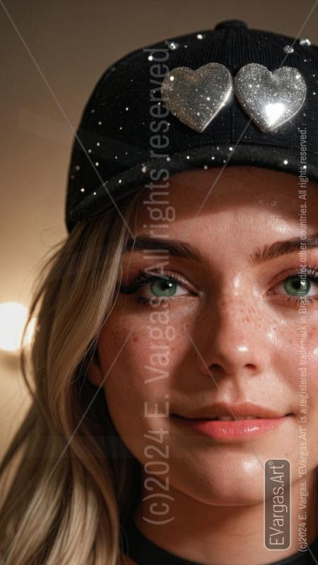 woman, cap, studio, internal, artificial light, looking at viewer, blond, blond hair, green eyes, smiling, freckles on the face