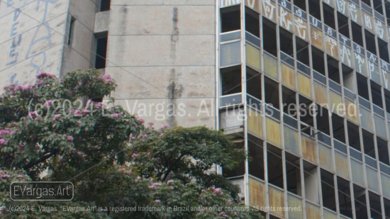 abandoned building with tree in front of it, green, gray colors, windows, close-up, day, outdoors, street, urban