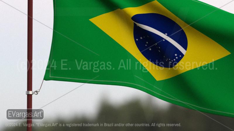 brazilian flag waving in the wind, green fields, trees, outdoors, cloudy day