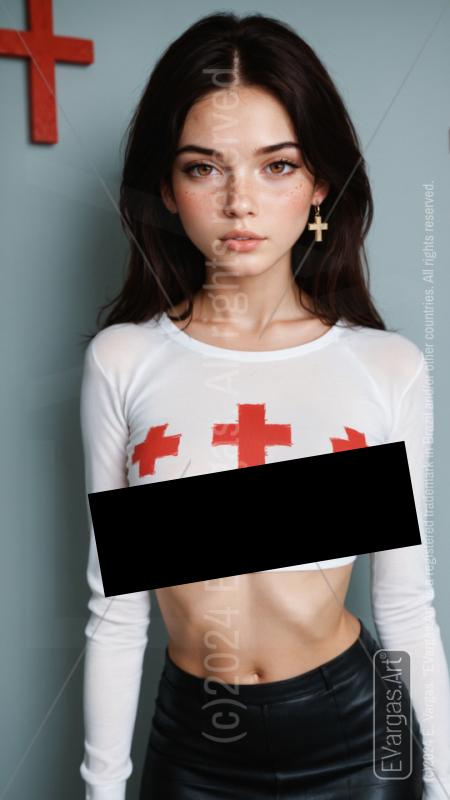 young woman, black hair, white blouse with red cross, belly showing, black skirts, looking at viewer, indoors