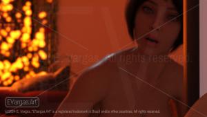 woman with short hair looking at her reflection in the mirror, in the background a curtain of lights